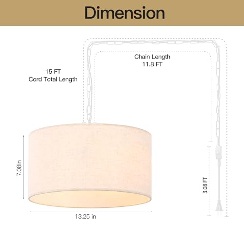 3 Light Plug in Pendant Light with Linen Drum Shade