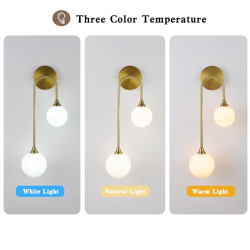 Mid Century Modern Wall Sconce Set of 2 Brushed Gold Milk Glass Sconces with Double Ball Hardwired Wall Light for Bedside Bedroom Bathroom Living Room Corridor G9 Base