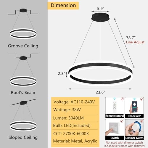D23.6'' Modern Ring Chandelier for Dining Room LED Dimmable Pendant Lighting High Ceiling Chandelier for Living Room Foyer Bedroom Entryway 3000K