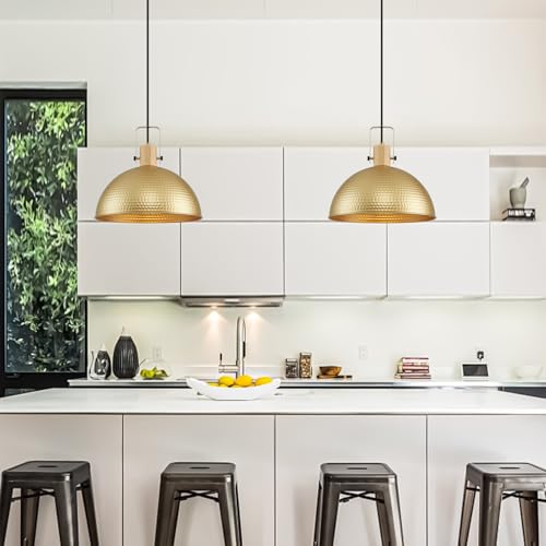 16 Inch Gold Pendant Lights Hammered Matte Pendant Lights for Kitchen Island Industrial Farmhouse Adjustable Height Dome Hanging Light Fixtures for Barn (2 Count)