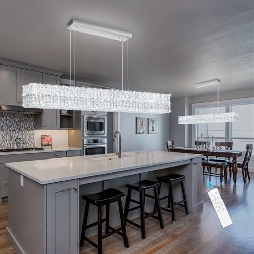 Rectangular Crystal Chandelier with Dimmable LED Lights Dining Room Remote Ceiling Pendants Lighting Fixtures for Kitchen Island Sliver