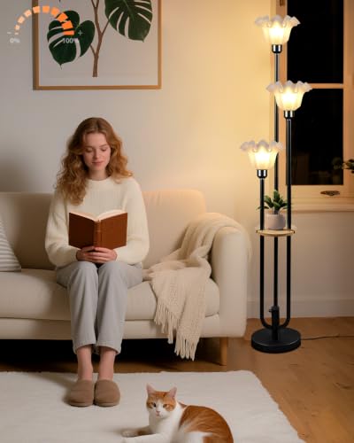 Flower Floor Lamp for Living Room Dimmable Vintage Floor Lamp with Shelf & Bulbs Included Mid Century Black Floral Standing Tall Lamp for Bedroom (3 Count)