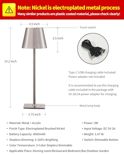 2 Pack Cordless Brushed Nickel Table Lamps (2 Count)