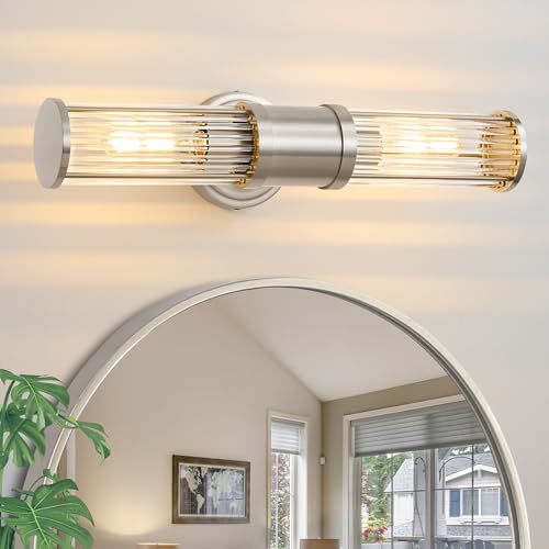 Hardwired Nickel Bathroom Vanity Light Glass Rod Wall Sconce