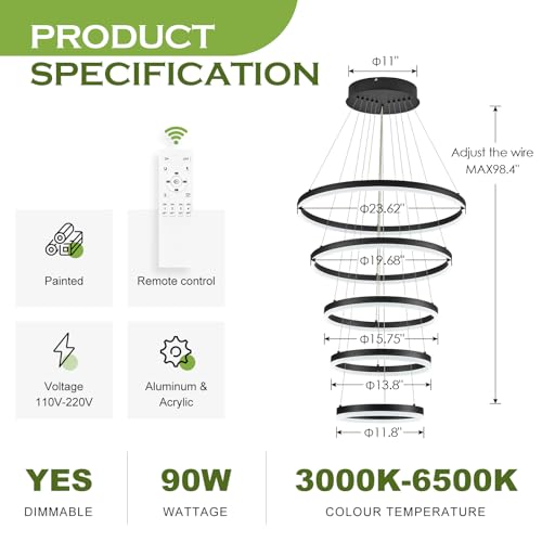 5 Rings Modern LED Chandelier Black High Ceiling Chandelier with Remote Control Dimmable Pendant Lighting for Dining Room Foyer Living Room Entryway Staircase