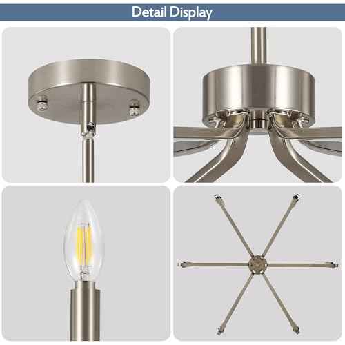 6-Light Brushed Nickel Chandeliers for Dining Room,Farmhouse Light Fixtures for Kitchen,Pendant Lights for Entryway Bedroom Foyer Hall Kitchen Living Room,26in,E12.