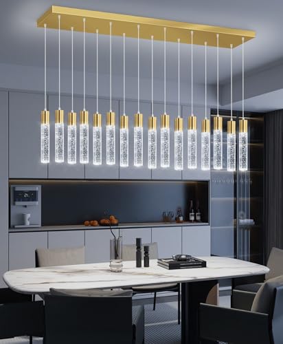 16 Lights Modern Crystal Rectangular Chandeliers LED Pendant Light for Kitchen Island High Ceiling Chandelier for Dining Room Entrance Foyer Living Room Gold