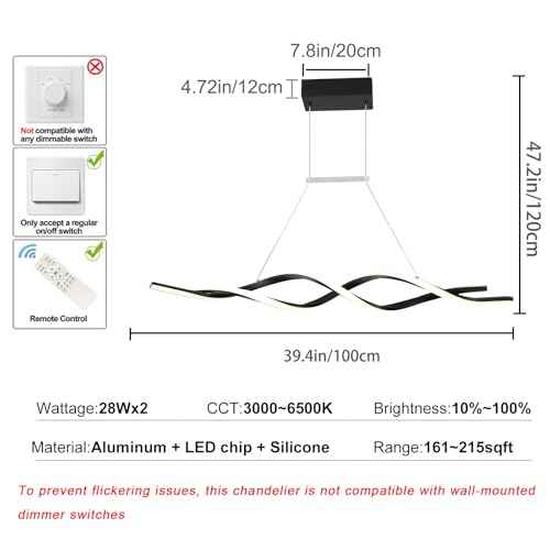 Jaycomey Modern Chandelier for Dining Room Dimmable LED Pendant Light with Remote Control, Acrylic Wave Chandeliers Adjustable Hanging Chandeliers for Bedroom Kitchen Living Room,3000K-6000K,28W,Black