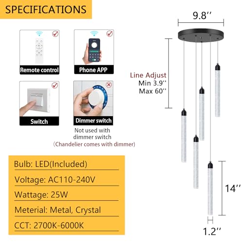 Crystal Pendant Light Mini Chandelier Bubble Pendant Lighting for Kitchen Island Black LED Ceiling Hanging Light Bathroom Dining Room Corridor Dimmable Flush Mount Ceiling Light Dimmable 2700K 6000K