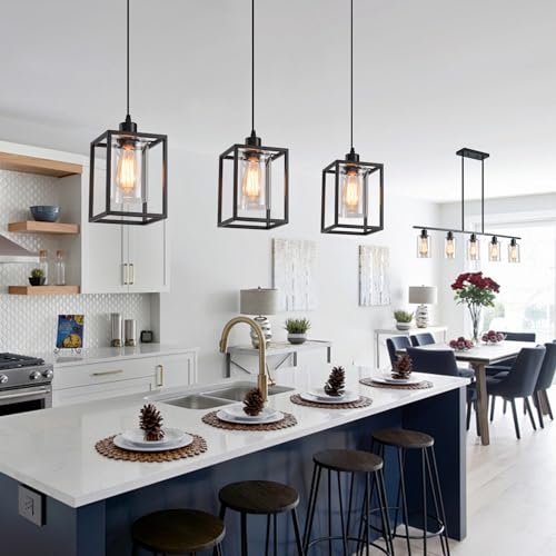 Black Pendant Lights for Kitchen Island Industrial Lantern Pendant Light Fixtures with Clear Glass Shade