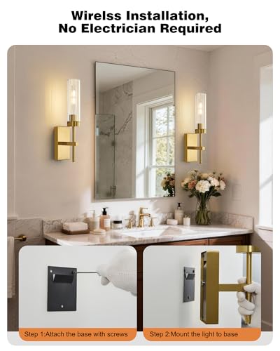 Gold Battery Operated Wall Sconce Set of 2 with Remote