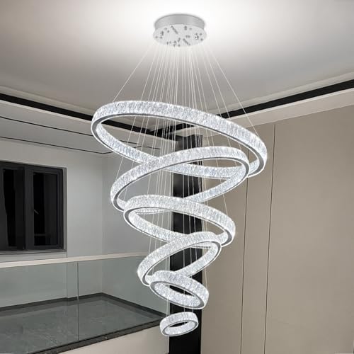 Extra Large 6 Ring Crystal Chandelier Modern LED Long Crystal Chandelier for High Ceiling Height Adjustable D8+15.7"+23.6"+31.5"+39.4"+47.5" Dimmable 2700K