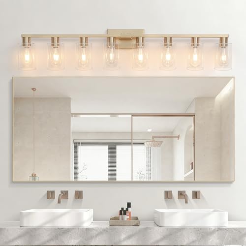 8 Light Bathroom Vanity Light Gold Bathroom Light Fixtures Brass Vanity Lights for Bathrrom 46 in Large Wall Sconce Brush Gold with Clear Glass Shade for Over Mirror