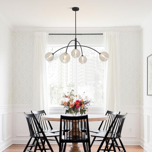 5 Light Modern Brass Chandelier Fixture Globe Glass Shade Pendant Light Black Kitchen Large Chandelier for Dining Room Kitchen Bedroom