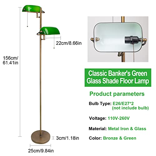 Green Glass Bankers Floor Lamp Classic Vintage Standing Lamp with Pull Chain Switch Adjustable Arm Reading Floor Light for Bedroom Headboard Workplace Office Piano Style Lamp