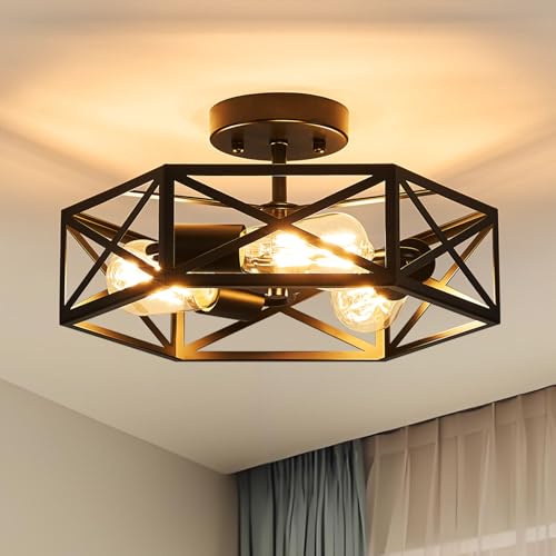 Black Modern Farmhouse Metal Semi Flush Mount Ceiling Light Fixture 14.6 in