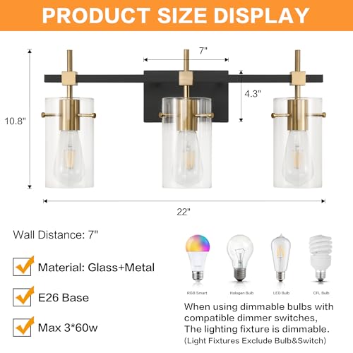Vintage Vanity Lights Bathroom Light Fixture Over Mirror for Bath Glass Shade Light Black and Brass Modern Style 3 Lights