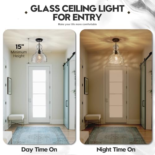 Hammered Glass Pendant Light for Kitchen Island Black Pendant Hanging Light 10inch Large Glass Pendant Lights for Kitchen Sink Dining Room Hallway Entrance