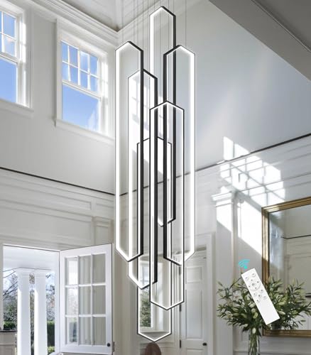 6 Rings Black Modern Long Large Chandelier Dimmable LED High Ceiling Chandelier for Living Room Foyer Staircase Enterway Hanging Light Fixture Modern Ceiling Light