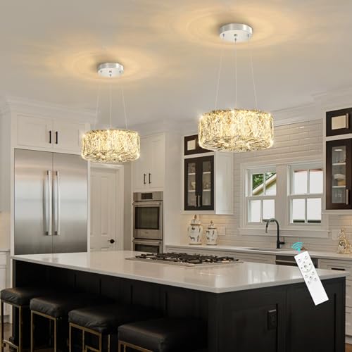 Modern Ring Crystal Chandelier Remote Dimmable Pendant Ceiling Light Fixtures for Living Room Kitchen Island Dining Room Silver