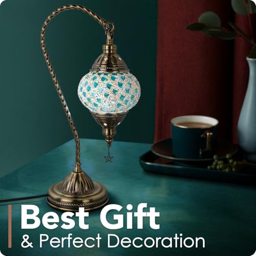 Turkish Moroccan Lamp with Bronze Base 3 Color Options Handmade Swan Neck Mosaic Glass Bedside Lamps for Bedroom
