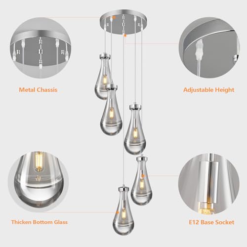 Raindrop Pendant Lights Kitchen Island Teardrop Chrome Hanging Light Fixtures Clear Solid Glass Pendant Light Modern Chandeliers for Dining Room Porch Corridor Living Room (5 Count)