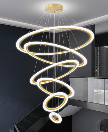 Modern LED Dimmable Chandelier 6 Ring High Ceiling Large Chandelier for Living Room Hanging Light Fixture for Foyer Staircase Gold