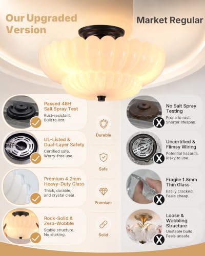 Semi Flush Mount Ceiling Light Fixture 14" Vinatge Black Ceiling Lights Mid Century Modern Milk White Glass Close to Ceiling Lighting Fixtures for Bedroom Hallway Kitchen Laundry Room Bathroom