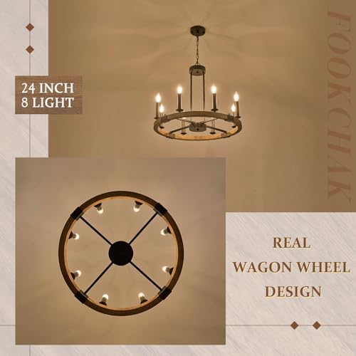 Farmhouse Oak Wood Wagon Wheel Chandelier 8 Light Round Wood Light Fixture