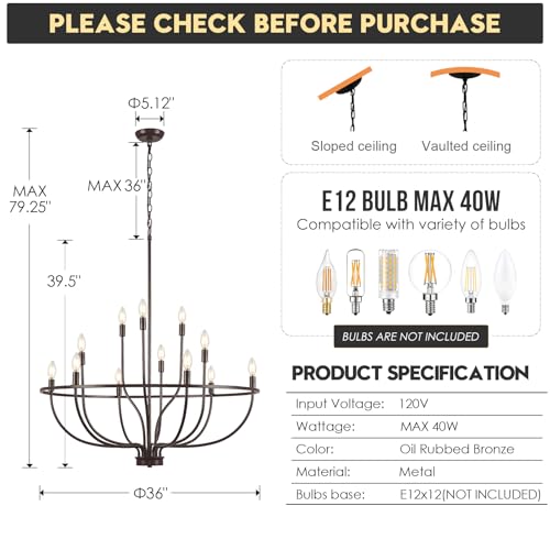 12 Light Farmhouse Oil Rubbed Bronze Chandelier Large High Ceiling Foyer Metal Candle Chandeliers for Dining Room Hanging Lighting for Kitchen Living Room Entryway