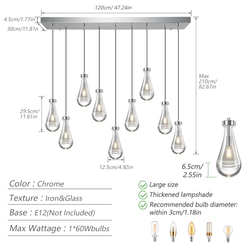 Modern Raindrop Pendant Lights Kitchen Island Teardrop Chrome Hanging Light Fixture Clear Solid Glass Chandeliers Crystal Pendant Light for Porch Living Room Dining Room