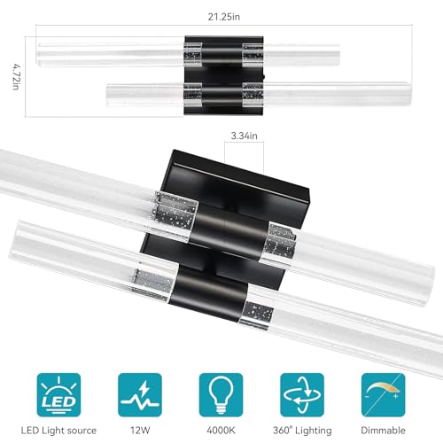 Modern LED Vanity Light Bubble Crystal Sconces Wall Lighting Black Wall Sconces 21.25in 4000K Vertical and Horizontal Wall Mounted Sconces for Bedroom Living Room Hallway（1