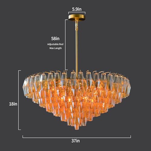 37 Inch Gold Amber Crystal Chandelier with 12 E12 Lights