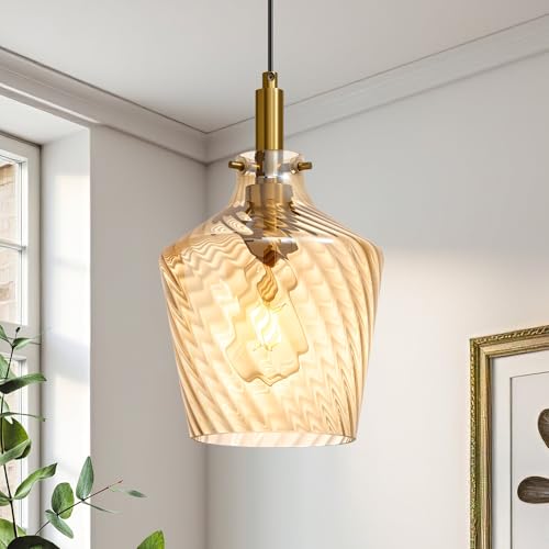 Stripes Amber Glass Pendant Light for Kitchen Island Gold 8 Inch 1 Pack