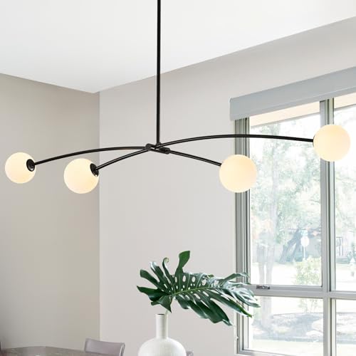 Black Sputnik Chandelier with Milk Glass Globe 4 Lights L51 Inch