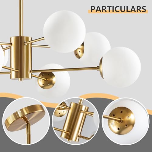 8 Light Globe Sputnik Chandelier Gold Mid Century Modern Light Fixture Brushed Brass Finished with White Frosted Globe Glass Lampshade Sputnik Chandeliers for Dining Room Kitchen Island Bedroom