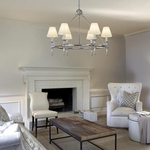 6 Lights W34in Polished Nickel and White Pleated Fabric Chandeliers for Dining Room Mid Century Modern Large Round Chandeliers for Classic Living Room