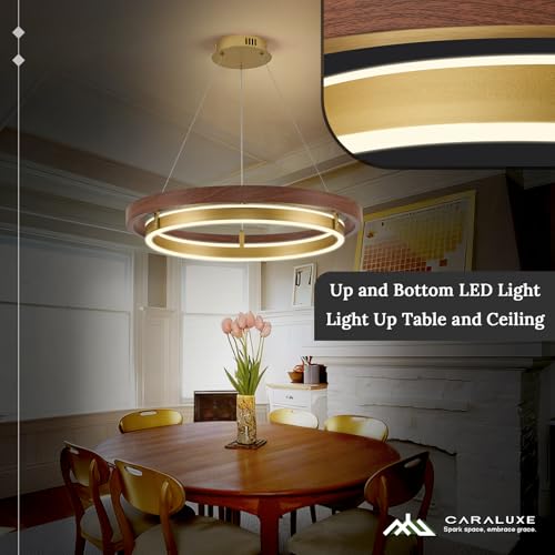 LED 2 Ring Brass Gold Chandelier Dimmable Up Down Light Gold Walnut Wood
