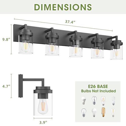 Modern 5 Light Black Bathroom Vanity Light with Clear Glass Shade (5 Count)