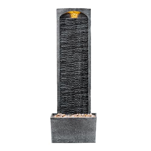 38.5" Faux Slate Contemporary Outdoor LED Waterfall Fountain with Pebble Base