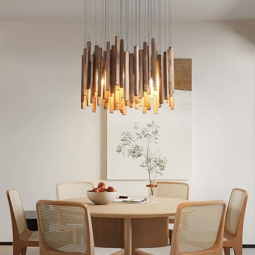 8 Light Farmhouse Wood High Ceiling Chandelier Rustic Large Ceiling Light Fixture Hanging Pendat Light for Dining Room Living Room Foyer Staircases Kitchen Island