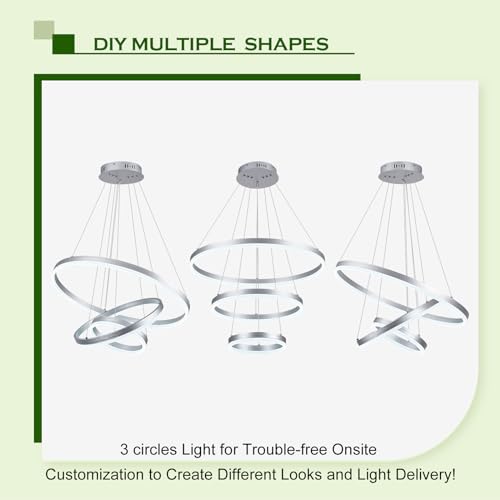 3 Rings Modern LED Chandelier Silver Dimmable Pendant Lighting with Remote Control Circular Flush Mount High Ceiling Light for Dining Room Living Room Entrance Foyer