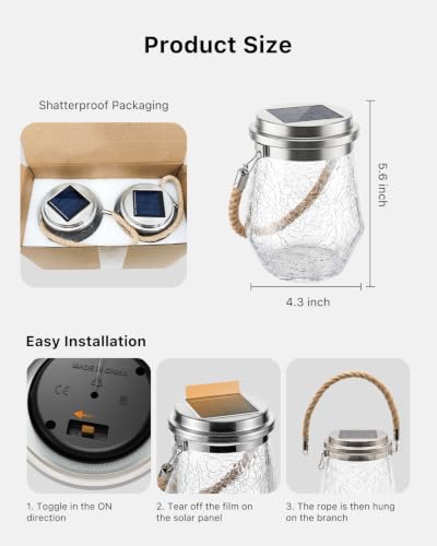 6 Pack Solar Crack Glass Jar Lantern Outdoor Waterproof Hang Colorful Clear (6 Count)