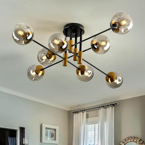 8 Light Sputnik Chandelier with Glass Globe Mid Century Modent Black Gold Ceiling Light Fixture Large Flush Mount Chandelier for Dining Room Bedroom Living Room Kitchen