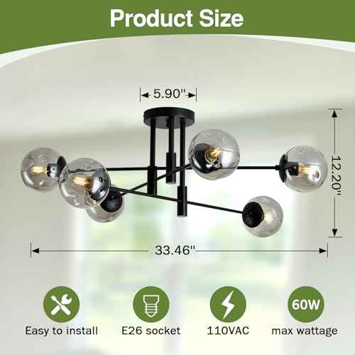 6-Lights Glass Globe Sputnik Chandelier Modern Flush Mount Ceiling Light Fixture Black Farmhouse Lighting for Dining Room Living Room Bedroom Kitchen Passageway.