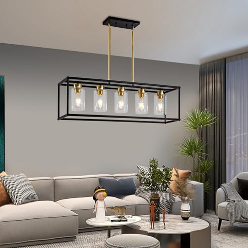 5 Light Dining Room Light Fixture Modern Farmhouse Chandeliers Over Table Black & Brushed Brass Gold Rectangular Pendent Lighting for Kitchen with Glass Shade Hanging Industrial Ceiling Light