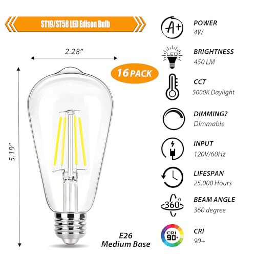 5000K Daylight Dimmable LED Edison Bulbs 40W Equivalent (16 Count)
