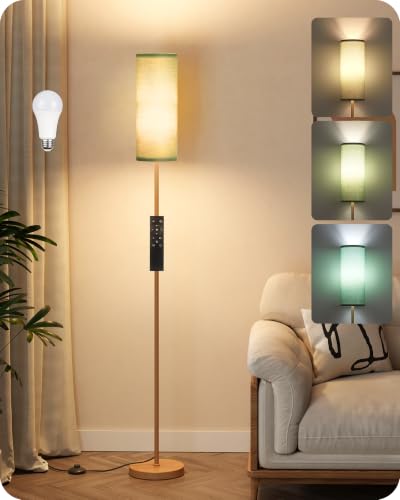Wooden Textured Tall Slim Floor Lamp for Living Room with Remote and Foot Switch
