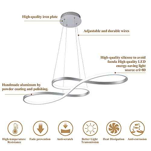 Modern LED Chandelier Dining Room Pendant Light Dimmable Creative Chandelier Remote Control Color/Brightness 3000-6000K Adjustable Hanging Lamp for Bedroom Living Room Kitchen 50W (Silver)