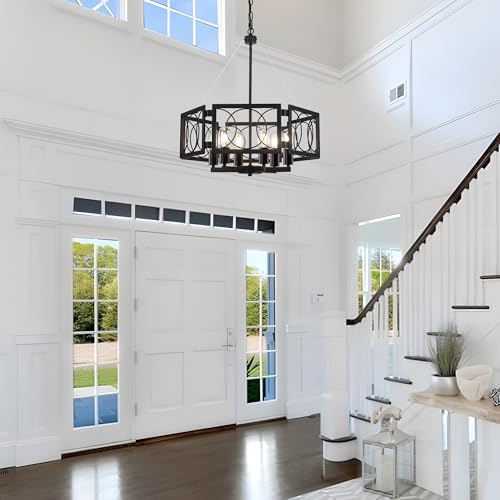 22.83'' Black Farmhouse Chandelier for Dining Room, Large Modern Industrial Geometric Pendant Lighting Fixture Adjustable Hanging Lights for Kitchen Island Foyer Hallway